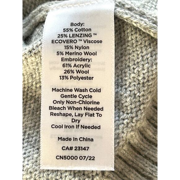 Talbots Holiday Holly Intarsia Crew Sweater Embroidered Gray Cotton Wool Large - Picture 6 of 8